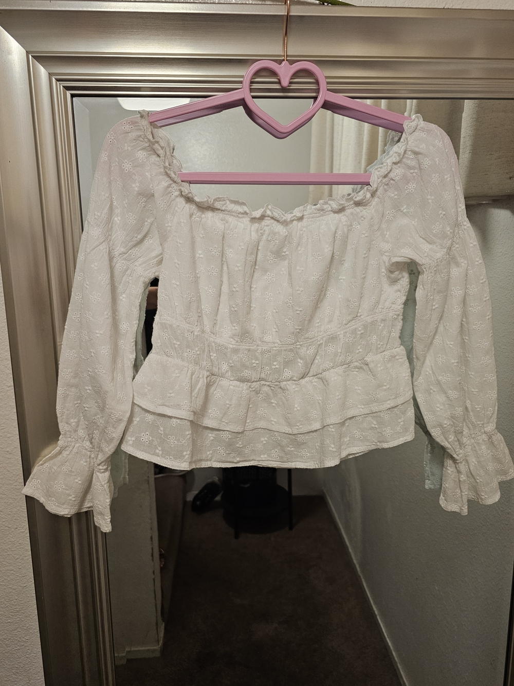 White Eyelet Ruffle Peasant Blouse - Romantic Off-Shoulder Top